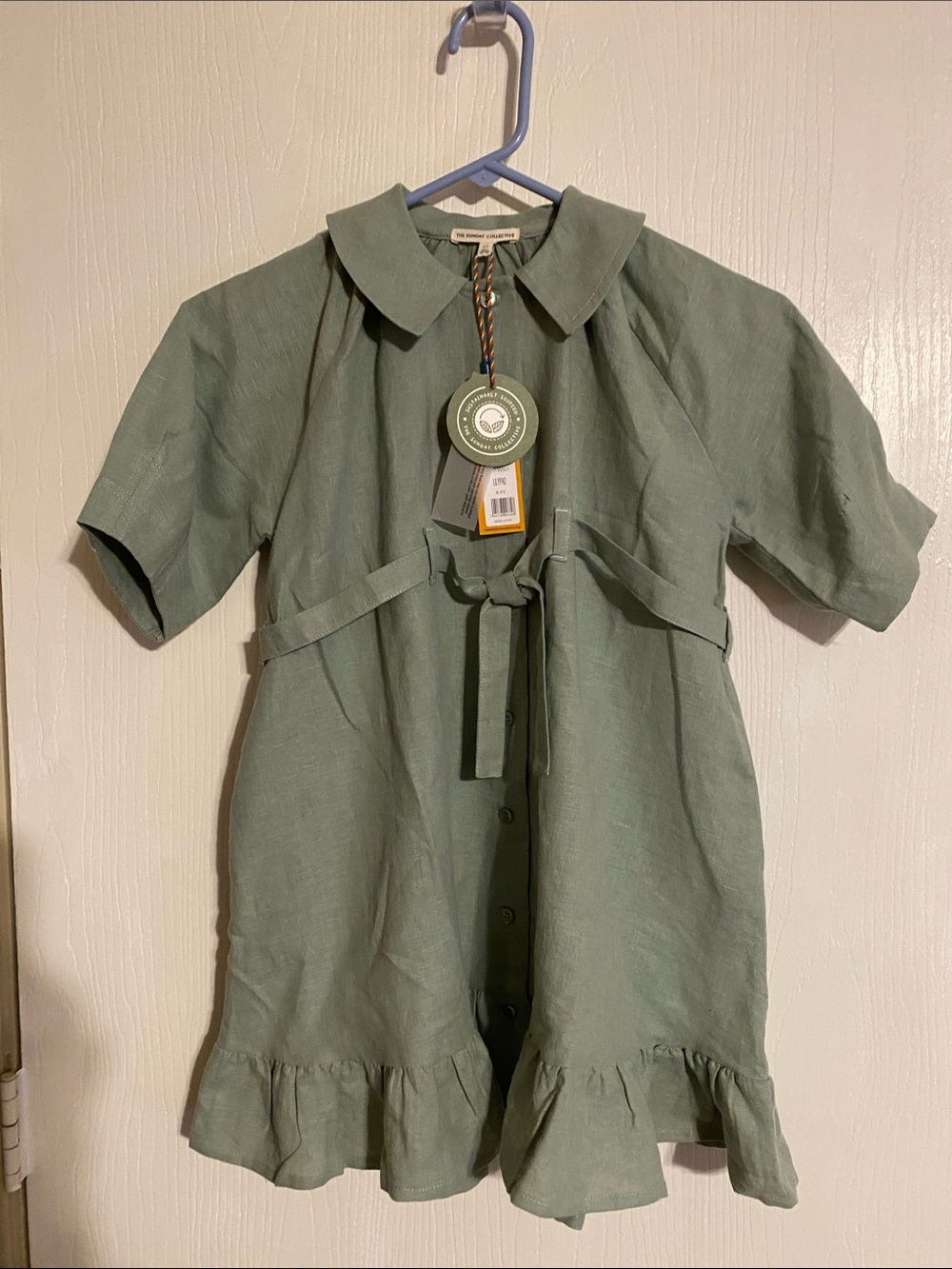 Kids Casual Sage Green Button-Front Dress with Tie Waist